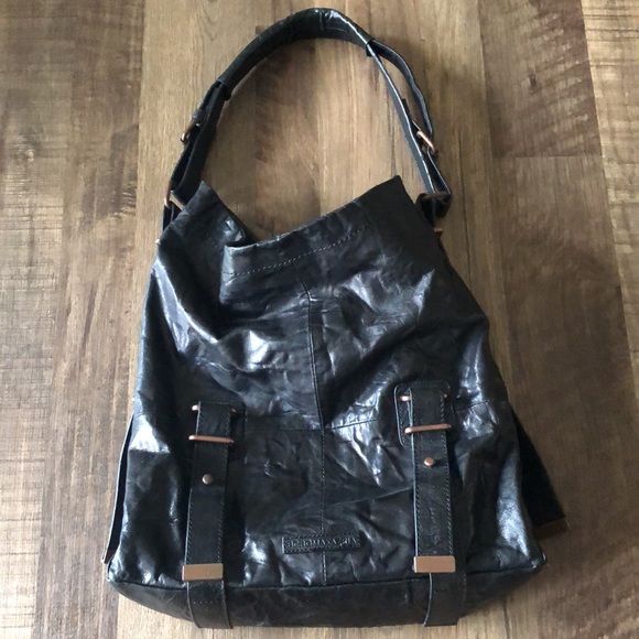 BCBG Maxazria Black Leather Crinkle Utility Bag - Picture 5 of 7